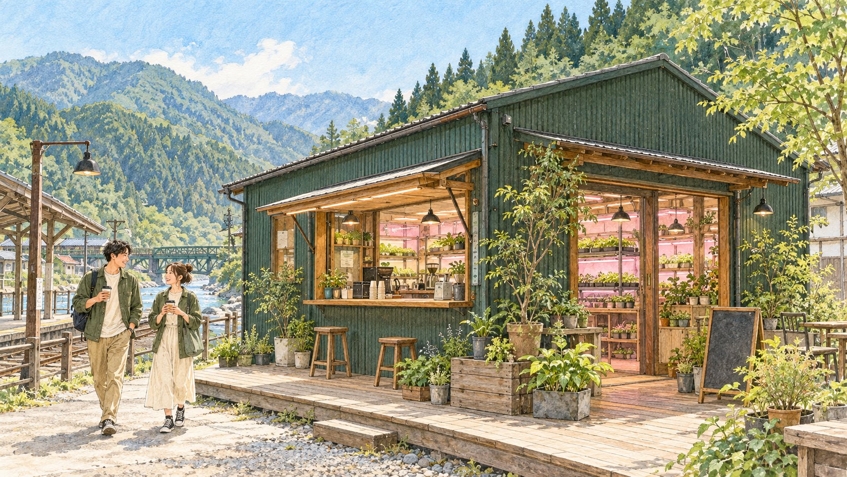 古里駅前、緑の波板と木のデッキの GreenLab Coffee 外観