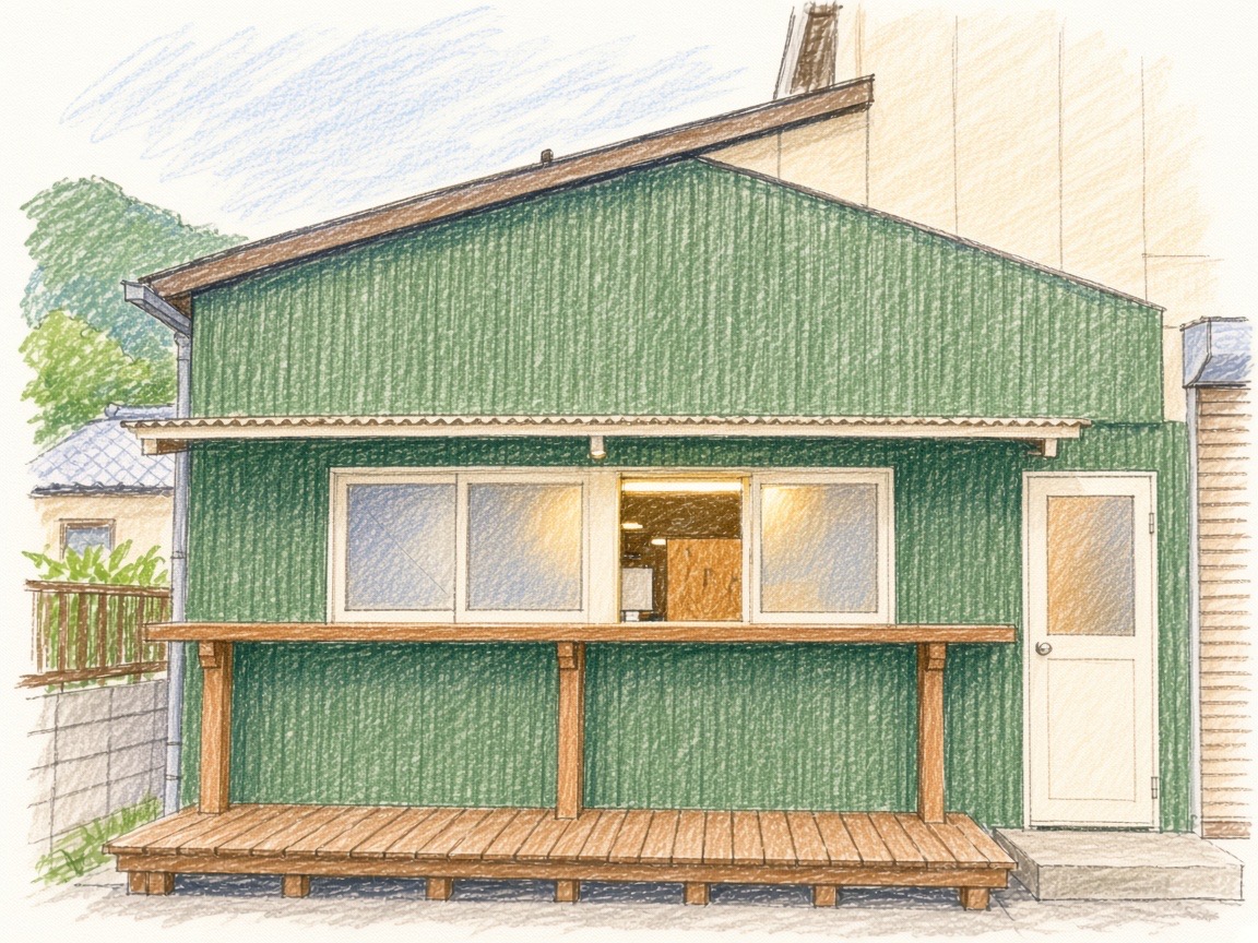 奥多摩・古里の拠点 GreenLab の外観（色鉛筆イラスト）
