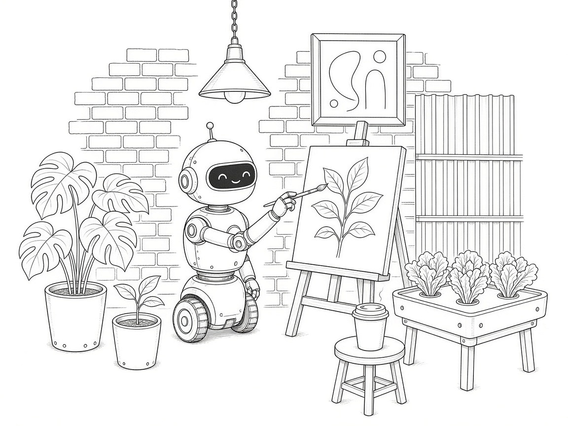 線画のイラスト。小さなロボットが植物とレタスの苗に囲まれてキャンバスに葉を描いている